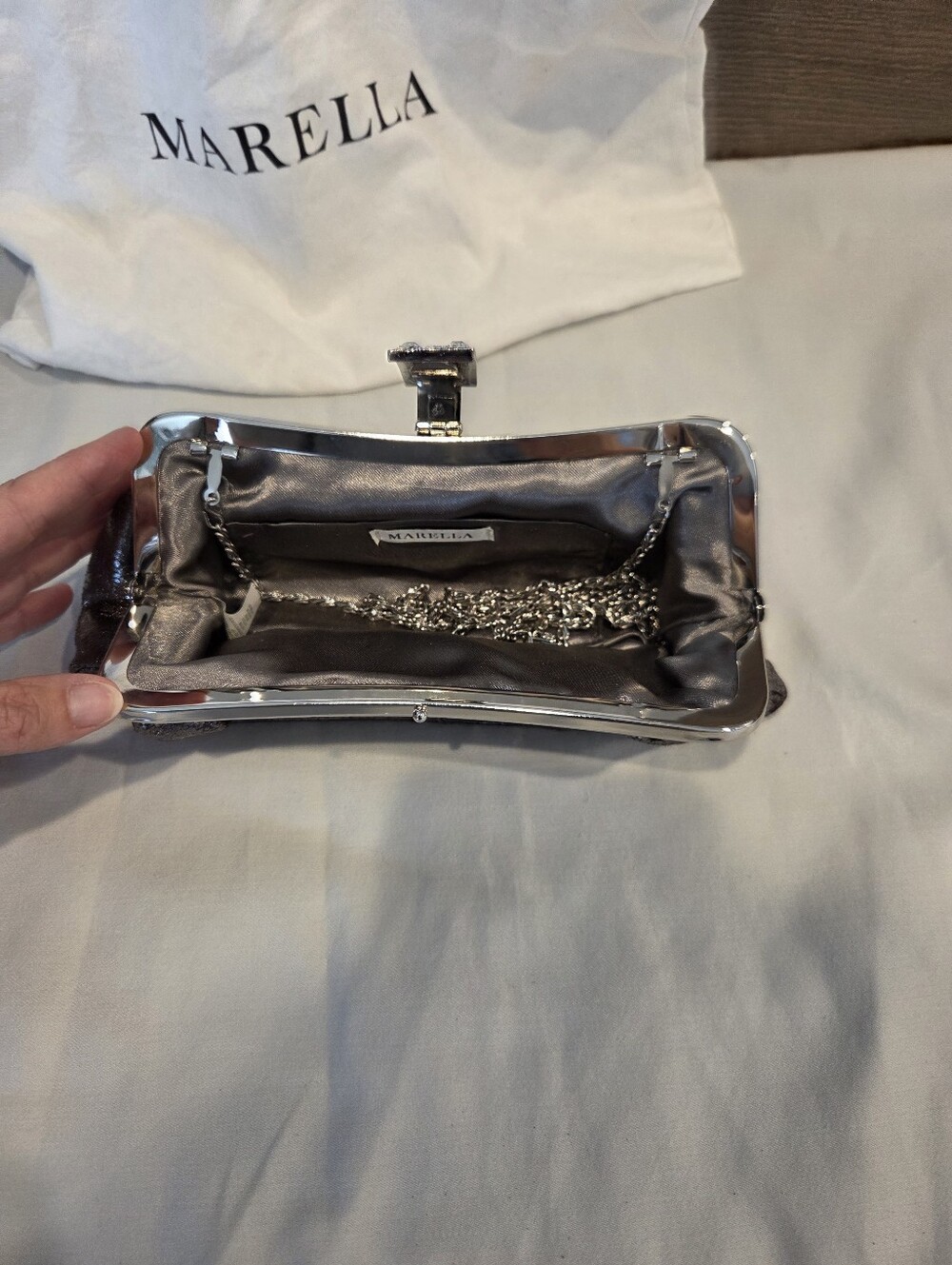 MARELLA Metallic Silver Evening Clutch with Crystal Buckle - Picture 6 of 11